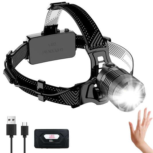 120000LM LED Headlamp Rechargeable Forehead Headlight 10H Long Battery Life Zoomable 90° Adjustable Weatherproof Headlamps for Camping Running Cycling Hunting - 3 Modes with Motion Sensor