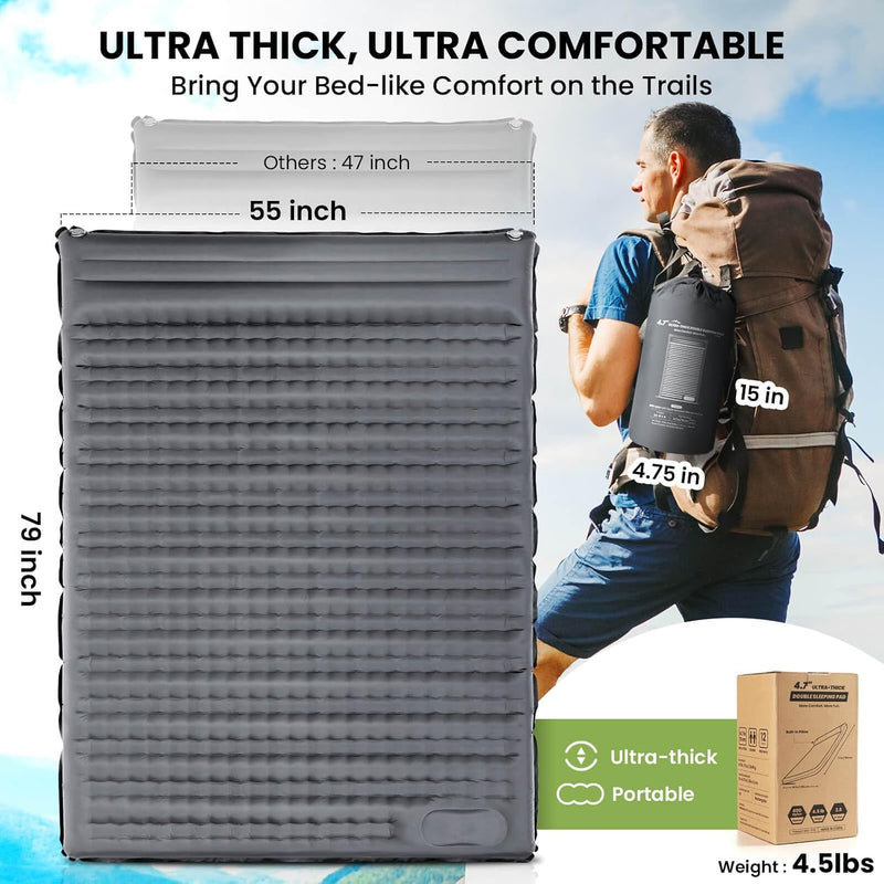 Double Sleeping Pad for Camping, 4.7 Inch Thick, 2 Person photo 4