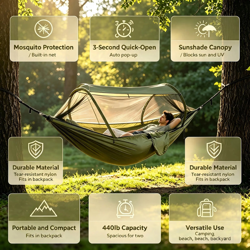 Pop-Up Camping Hammock with Mosquito Net and Straps photo 3