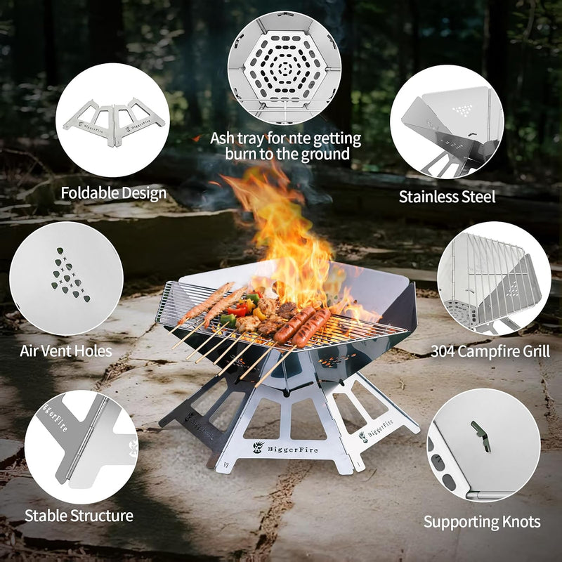 Portable Fire Pit, Folding Stainless Steel with Grill Grate photo 3