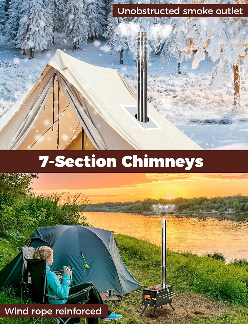 Wood Burning Tent Stove with 7-Section Chimney, Glass Door photo 3