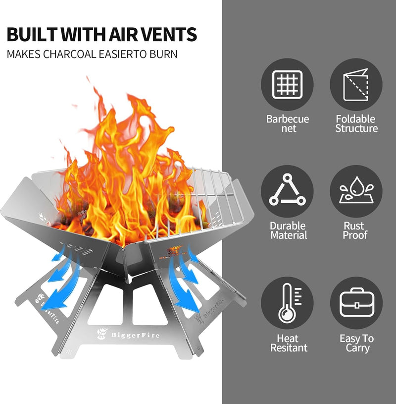 Portable Fire Pit, Folding Stainless Steel with Grill Grate photo 2