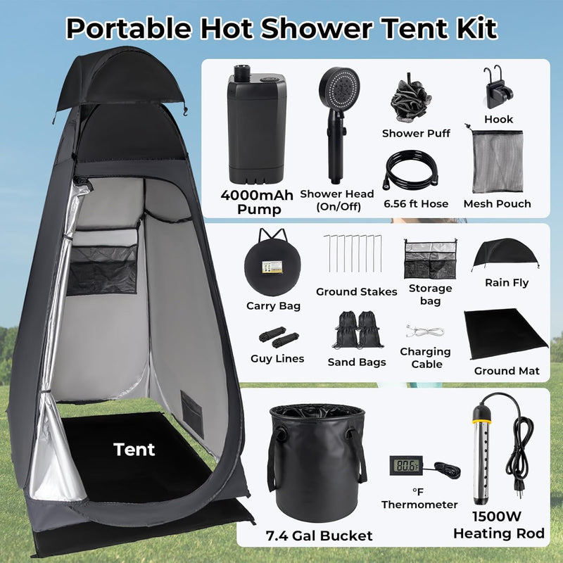 Portable Camping Shower Kit with 1500W Heater and Tent photo 4