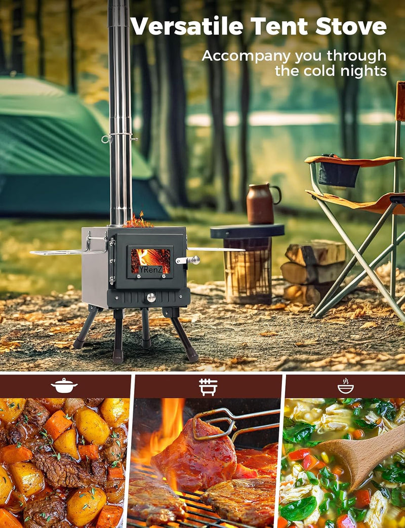 Wood Burning Tent Stove with 7-Section Chimney, Glass Door photo 6