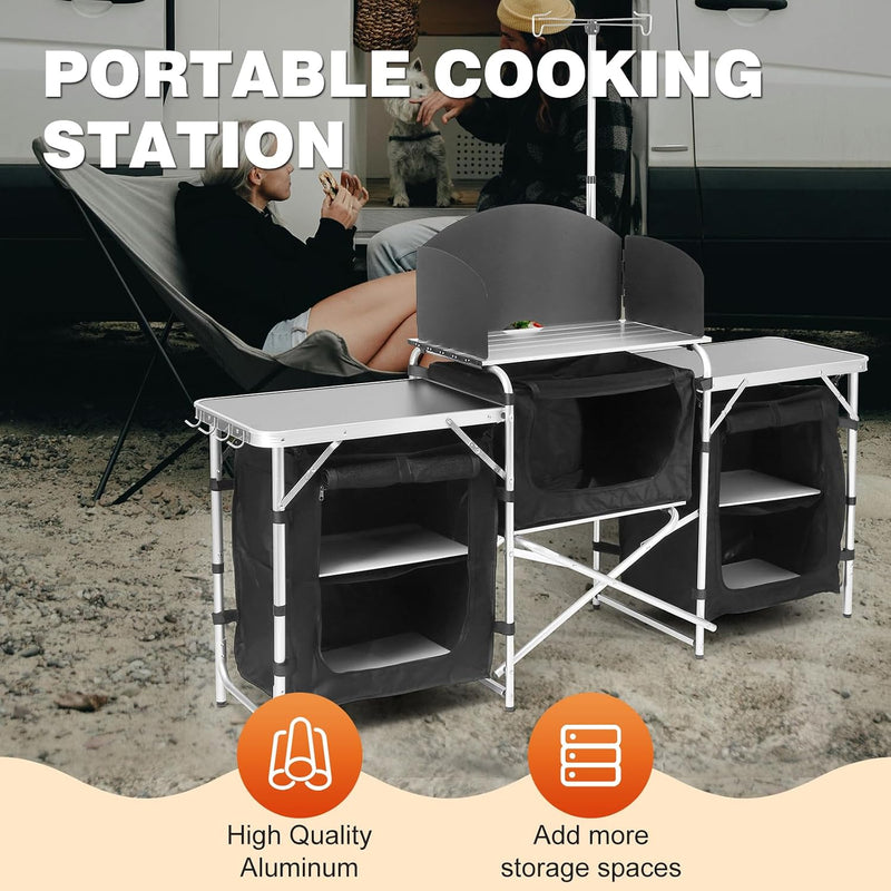 Folding Camp Kitchen Table with 3 Cupboards and Windscreen photo 7