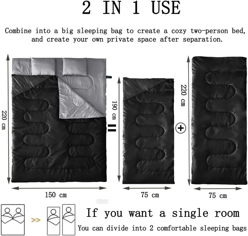Double Sleeping Bag for 2 Adults, Queen XL with 2 Pillows photo 5