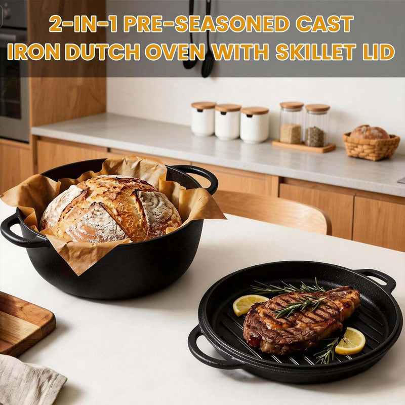 Cast Iron Dutch Oven with Skillet Lid, Pre-Seasoned 2-in-1 Set photo 3
