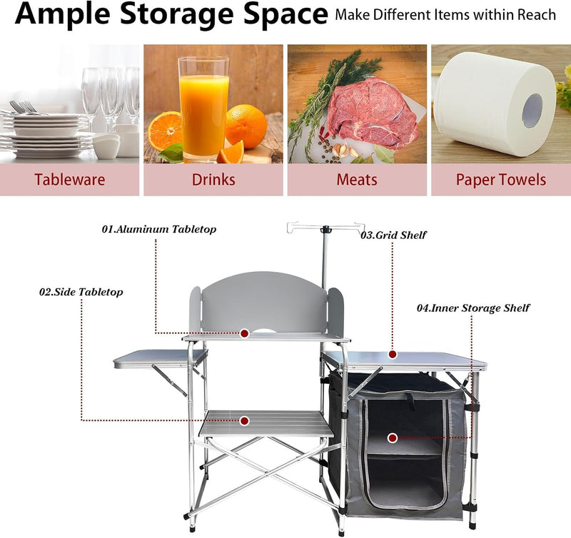 Folding Camp Kitchen Table, Aluminum Cook Station with Storage photo 5