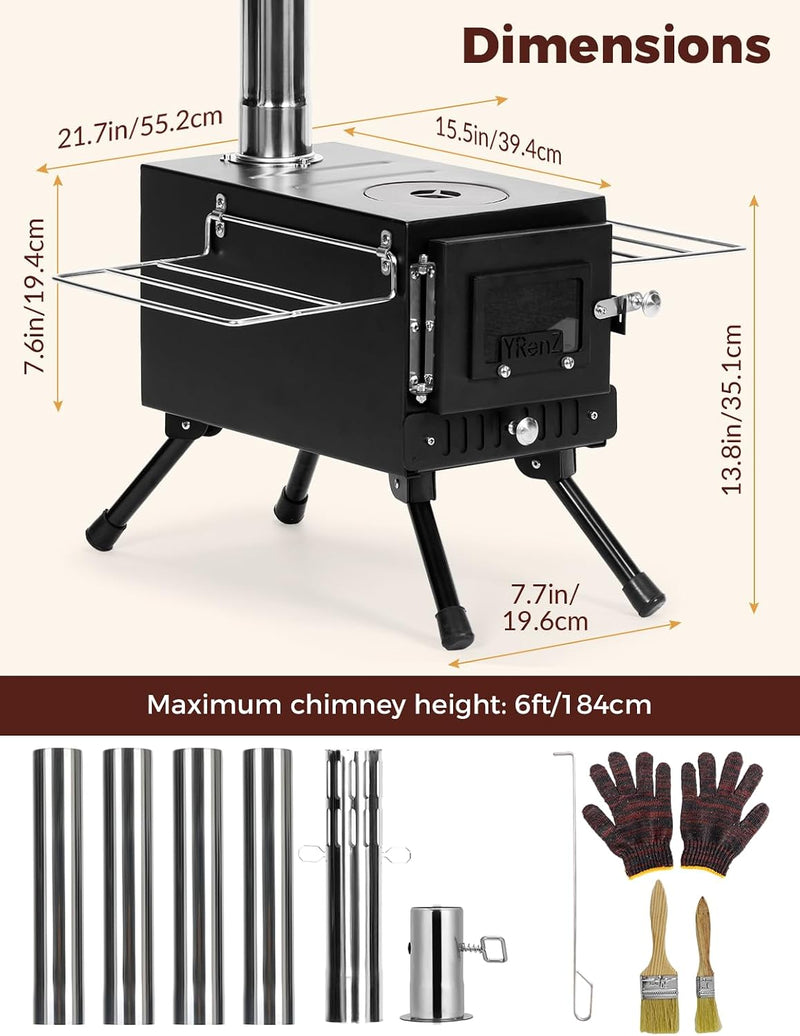 Wood Burning Tent Stove with 7-Section Chimney, Glass Door photo 5