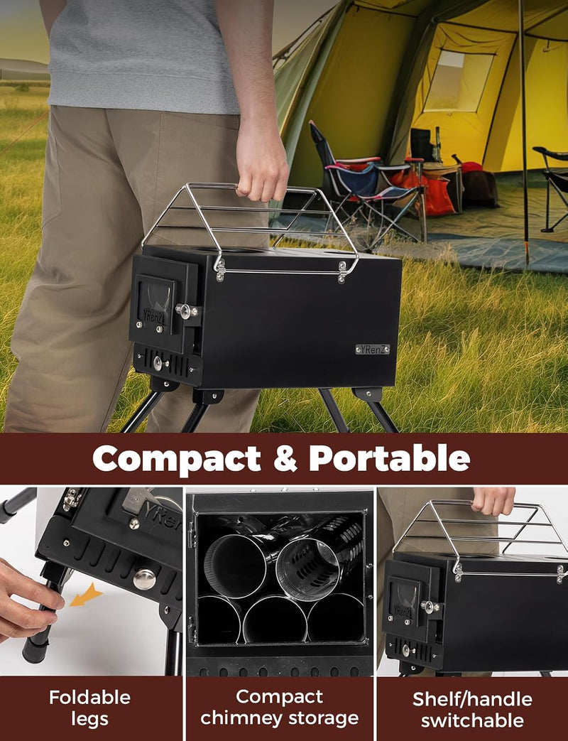 Wood Burning Tent Stove with 7-Section Chimney, Glass Door photo 4