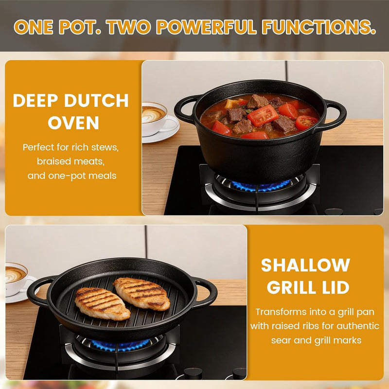 Cast Iron Dutch Oven with Skillet Lid, Pre-Seasoned 2-in-1 Set photo 7