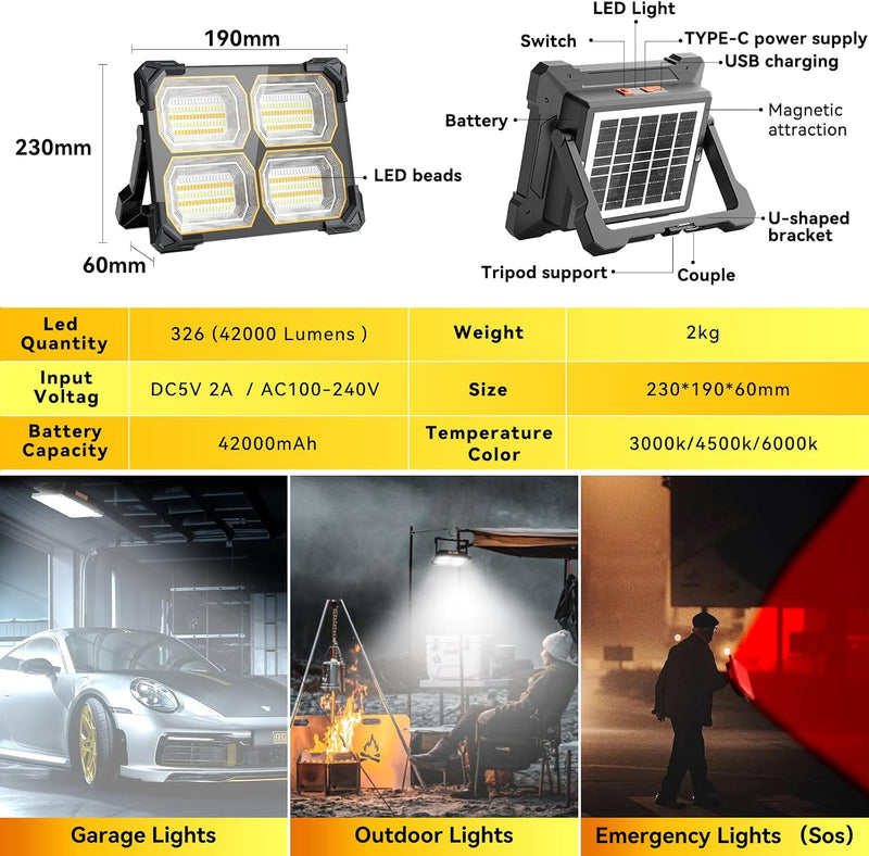 Rechargeable LED Work Light with Stand, Solar, 42,000mAh photo 7