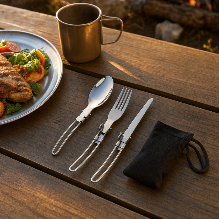 Folding Camping Cutlery Set, Stainless Steel 3-Piece