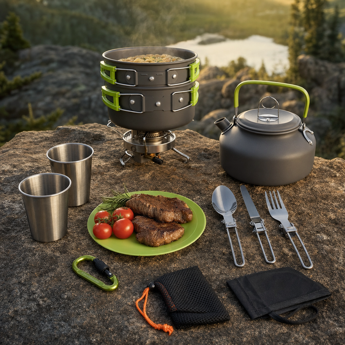Camping Cookware Set With Nesting Pots and Kettle