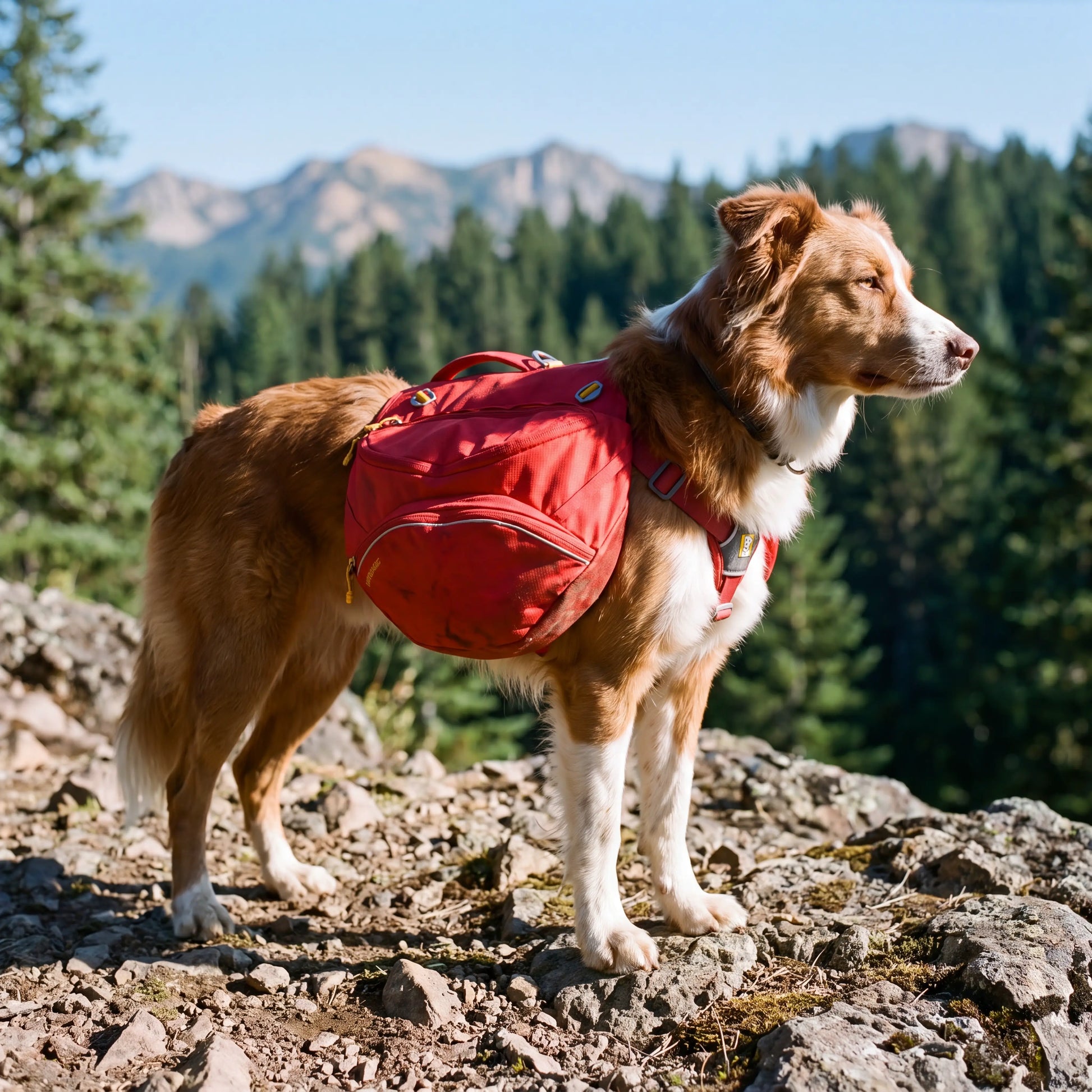 Ruffwear Palisades Dog Backpack in use on mountain trail