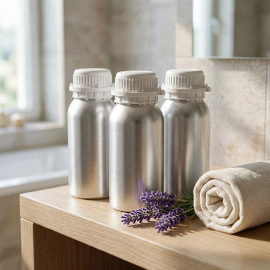 Refillable Essential Oil Containers on vanity shelf