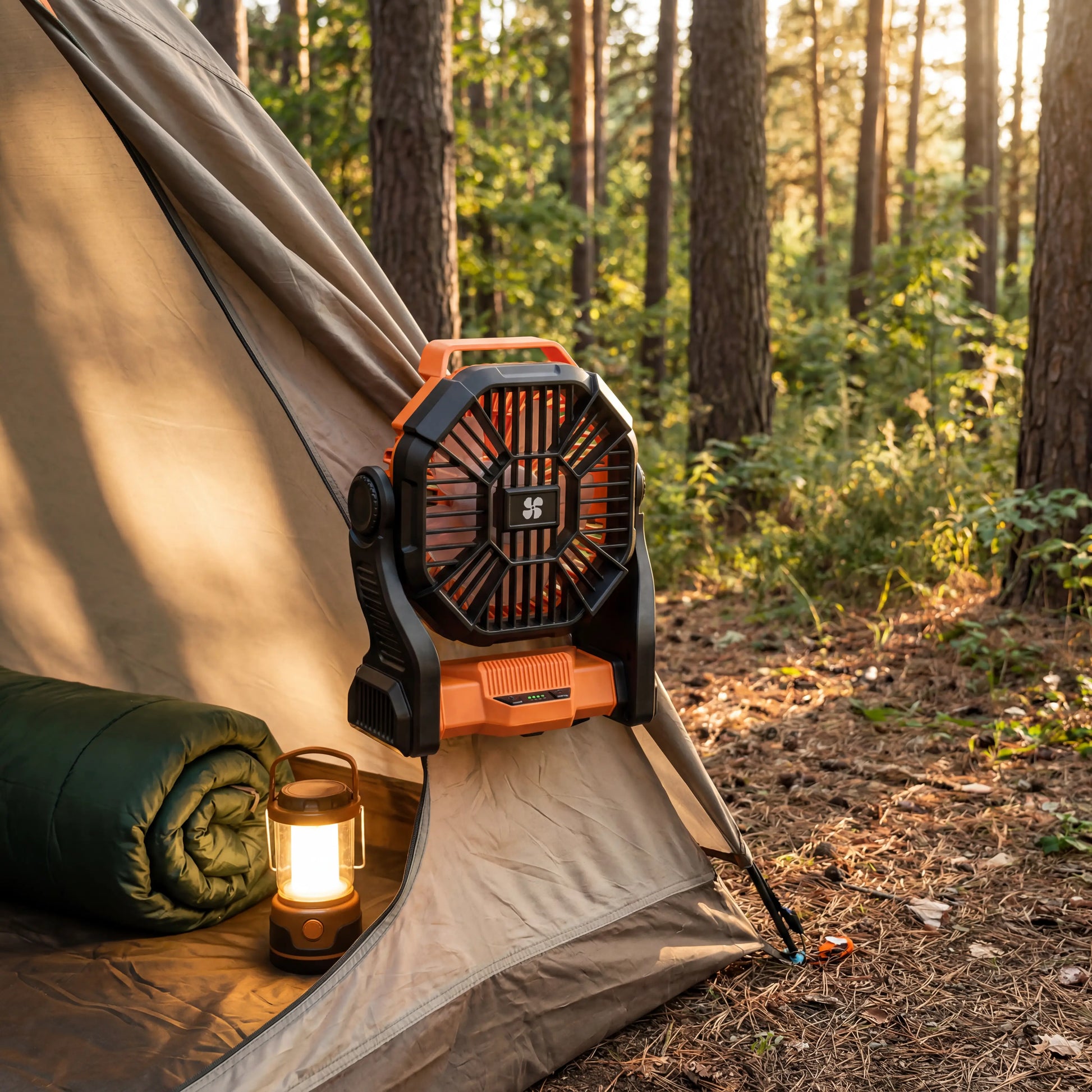 Portable Rechargeable Camping Fan at forest campsite