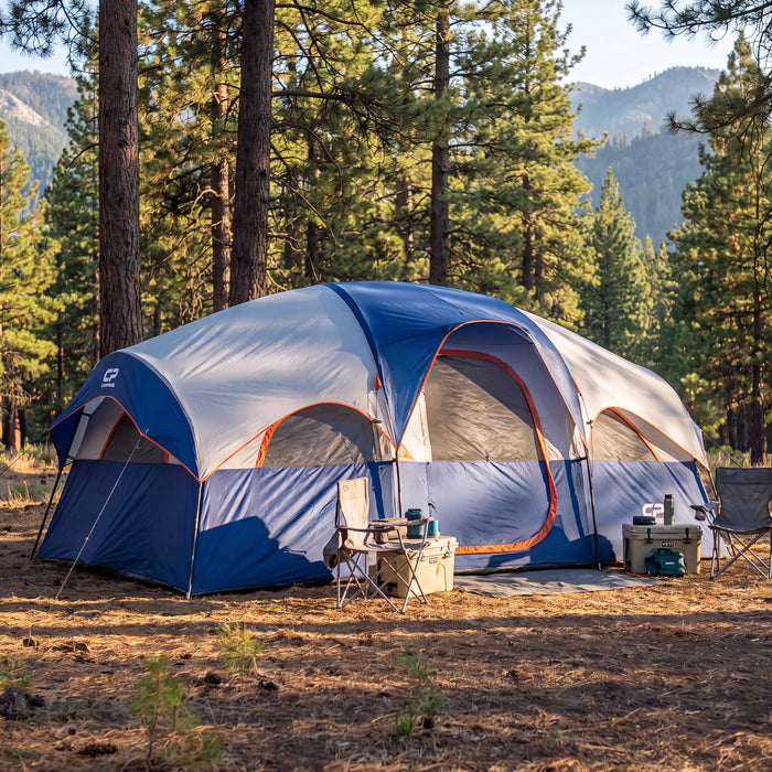 8-Person Weather-Resistant Family Tent pitched at a pine campsite