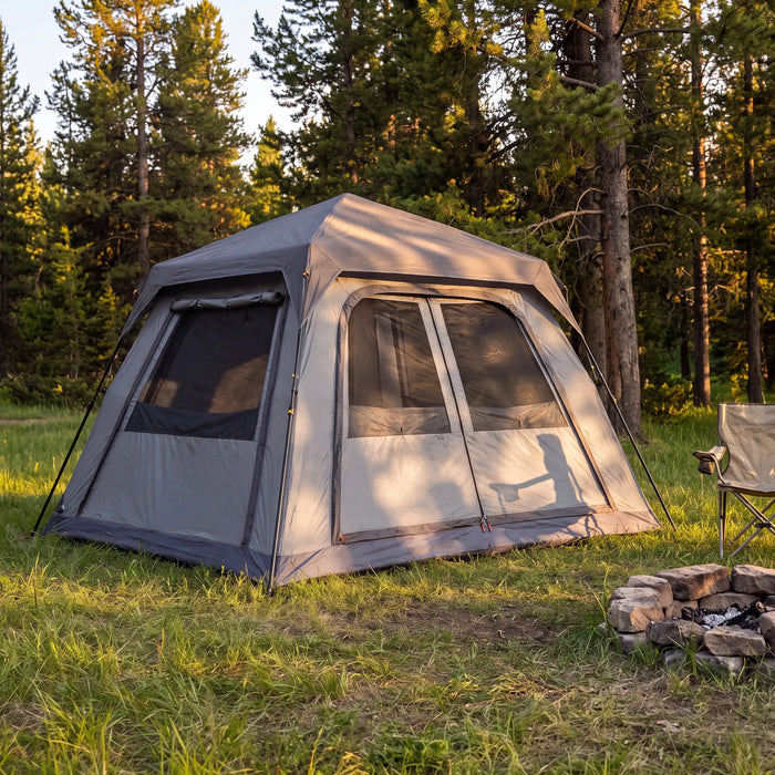 6-Person Instant Cabin Tent set up on a grassy site at golden hour