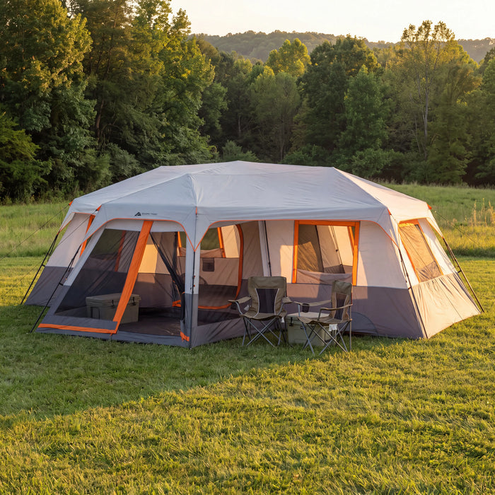 12-Person 3-Room Instant Cabin Tent with screen room on a meadow campsite