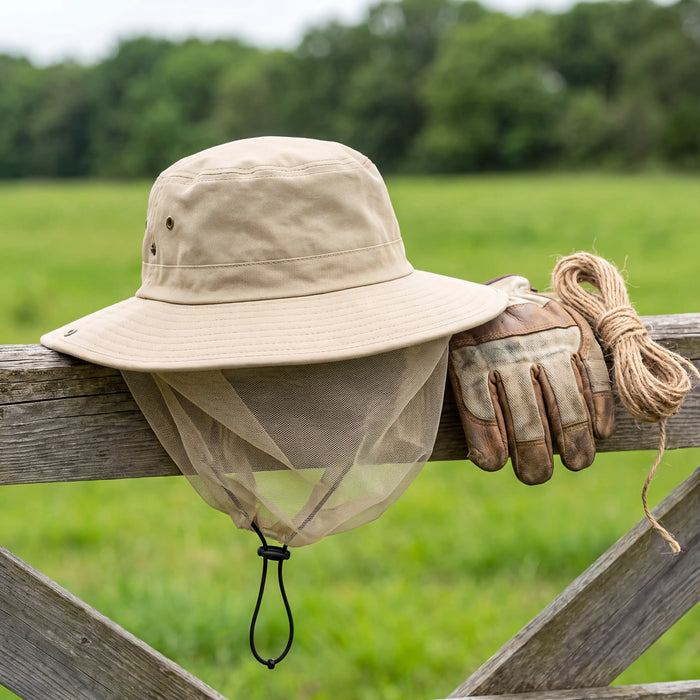 Head net sun hat with mesh net resting on a fence rail