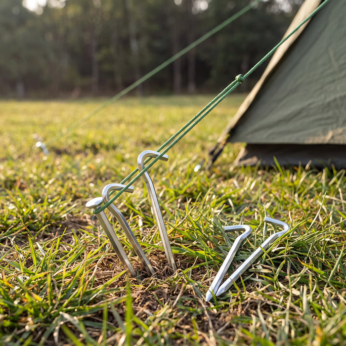 Aluminium hex tent pegs with hook heads staked in grass holding a guy line