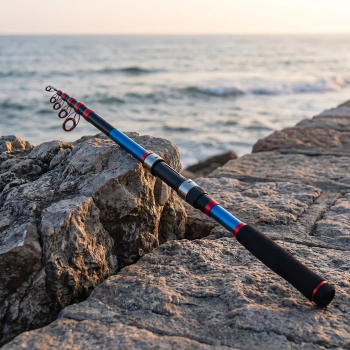 Telescopic sea spinning rod laid across rocks on a stone sea wall at dawn, blue and black blank with red wraps