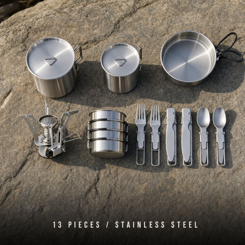 13-Piece Stainless Steel Camping Cookware Set photo 2