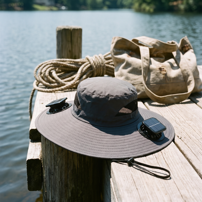Solar Fan Bucket Hat, Dual Fans, UPF 50+ Protection