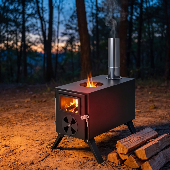 Portable Wood Stove for Hot Tents, Carbon Steel with Pipes