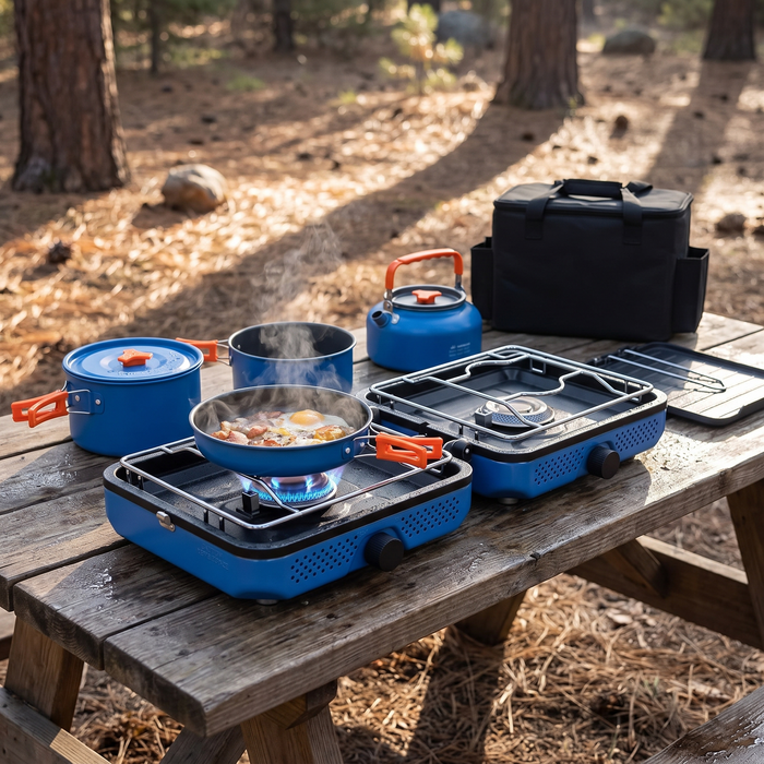 2 Burner Propane Camping Stove, 30,000 BTU with Cookware