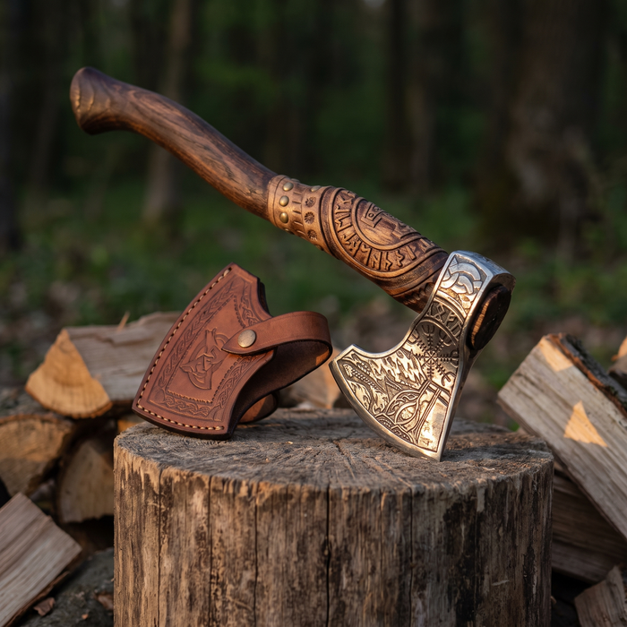 Hand Forged Viking Axe with Leather Sheath, 20 in Bearded Axe