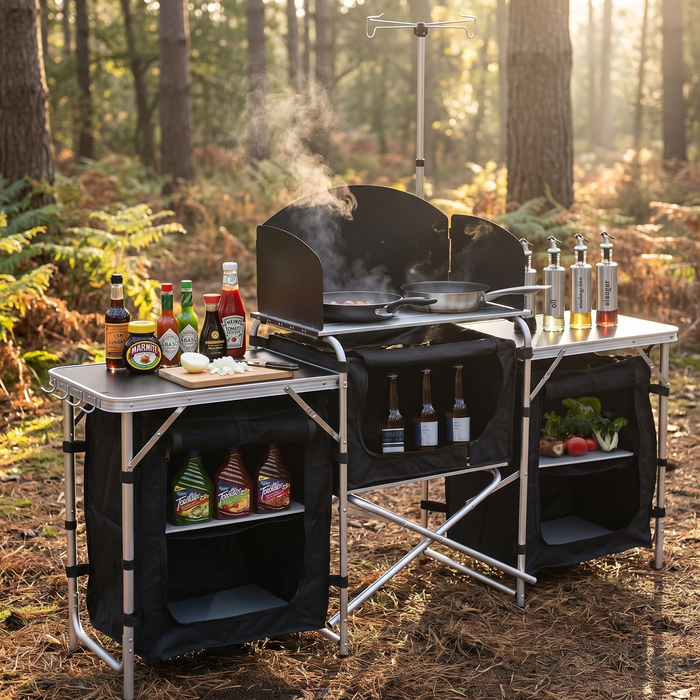 Folding Camp Kitchen Table with 3 Cupboards and Windscreen