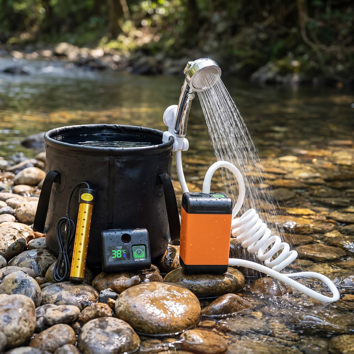 Portable Camping Shower with Heater, 7800mAh Rechargeable Pump