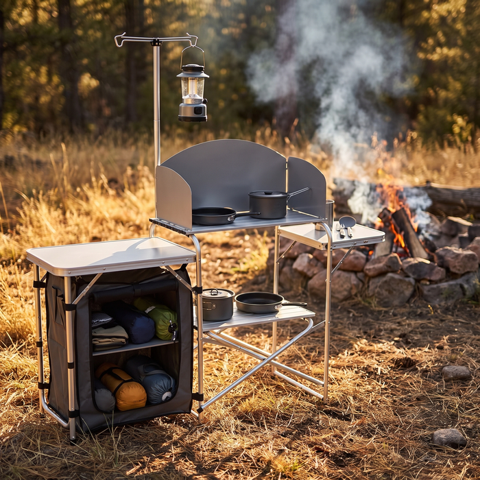 Folding Camp Kitchen Table, Aluminum Cook Station with Storage