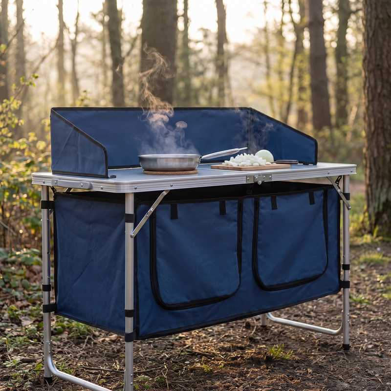 Folding Camp Kitchen Table with 3 Cupboards and Windscreen photo 2