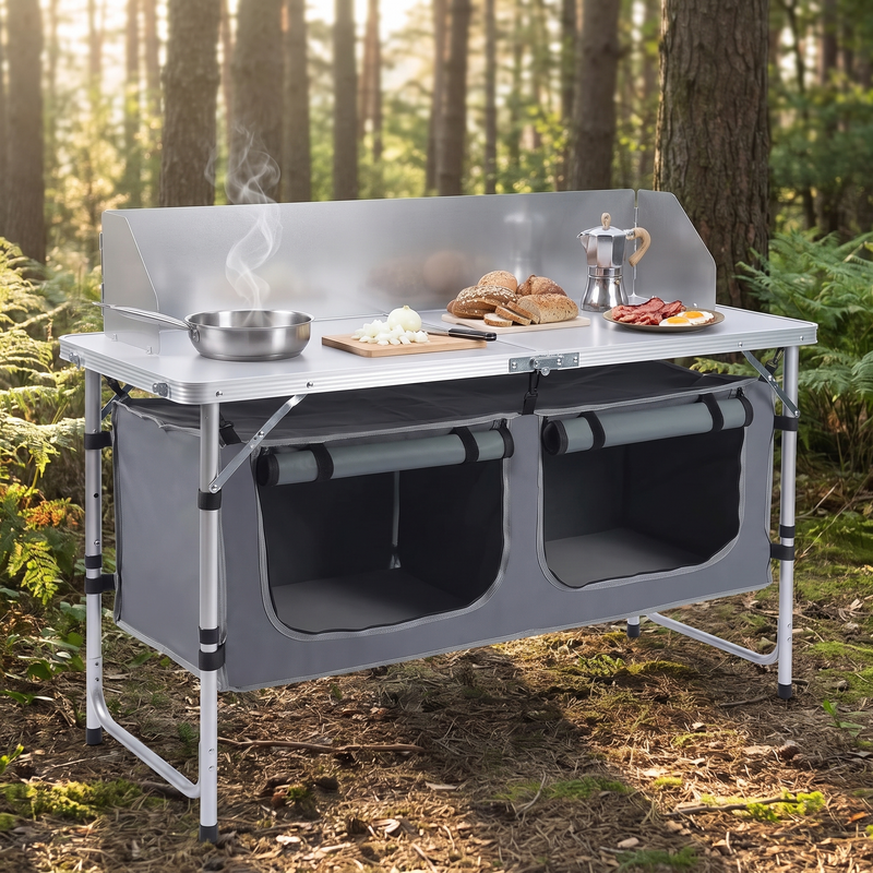 Folding Camp Kitchen Table with 3 Cupboards and Windscreen photo 3