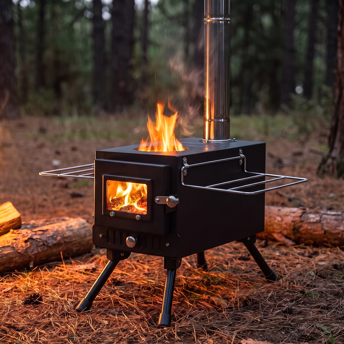 Wood Burning Tent Stove with 7-Section Chimney, Glass Door