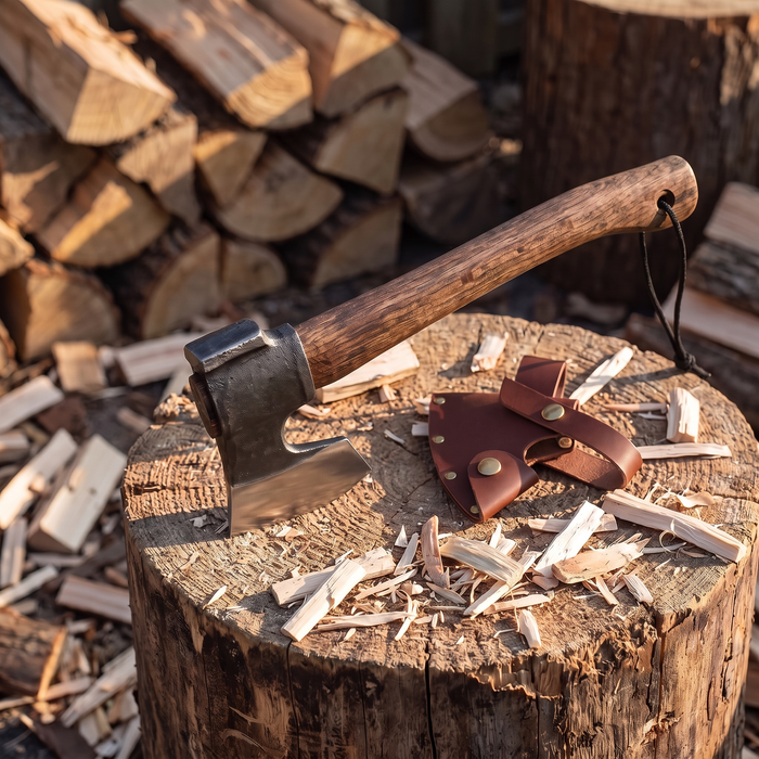 Camping Hatchet with Leather Sheath, Hand Forged Carbon Steel