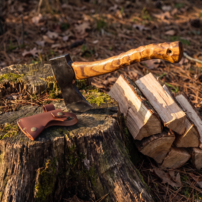 Camping Hatchet with Leather Sheath, Hand Forged Carbon Steel photo 2